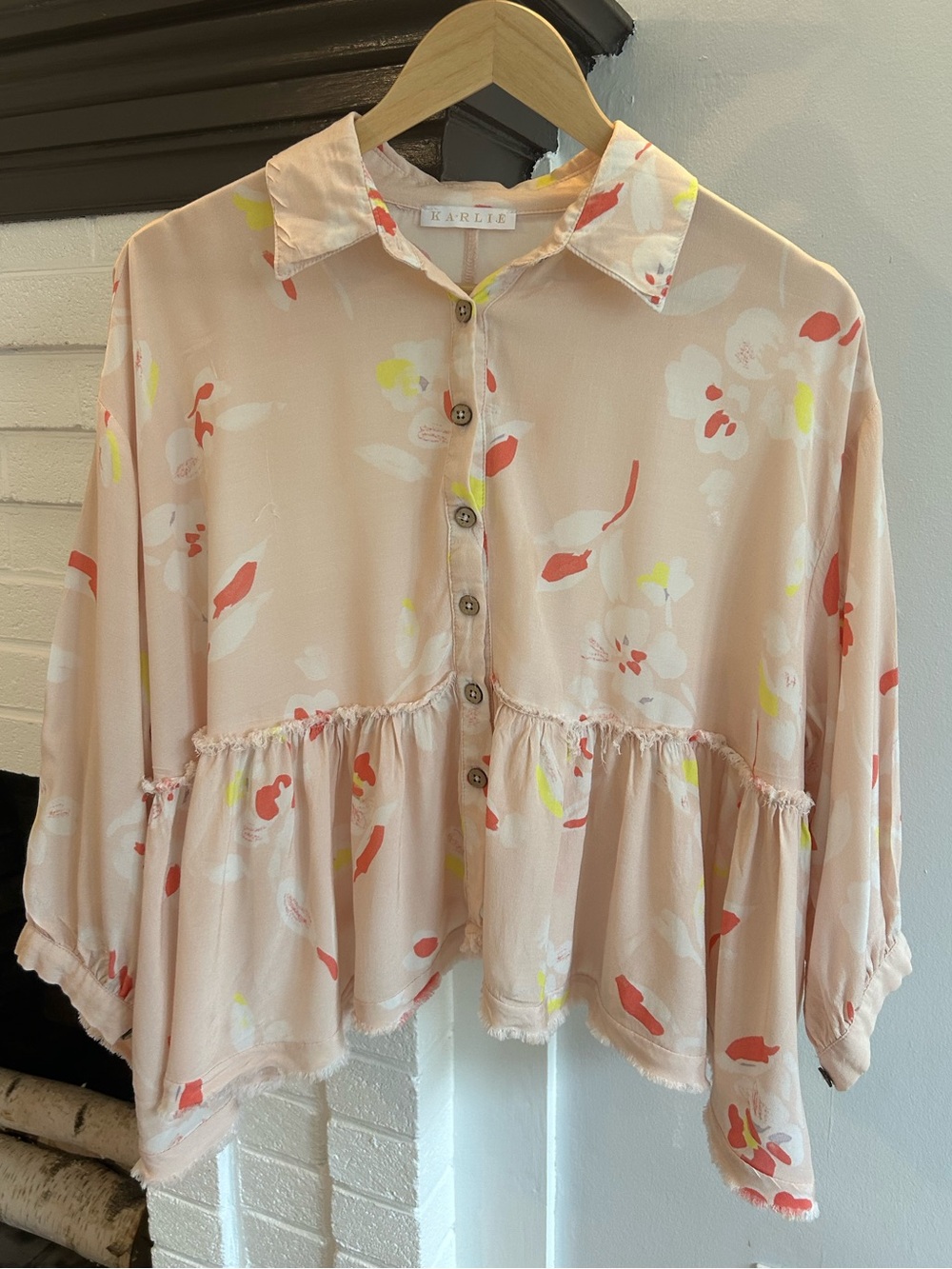 Karlie Peach Floral Button-Down Peplum Blouse